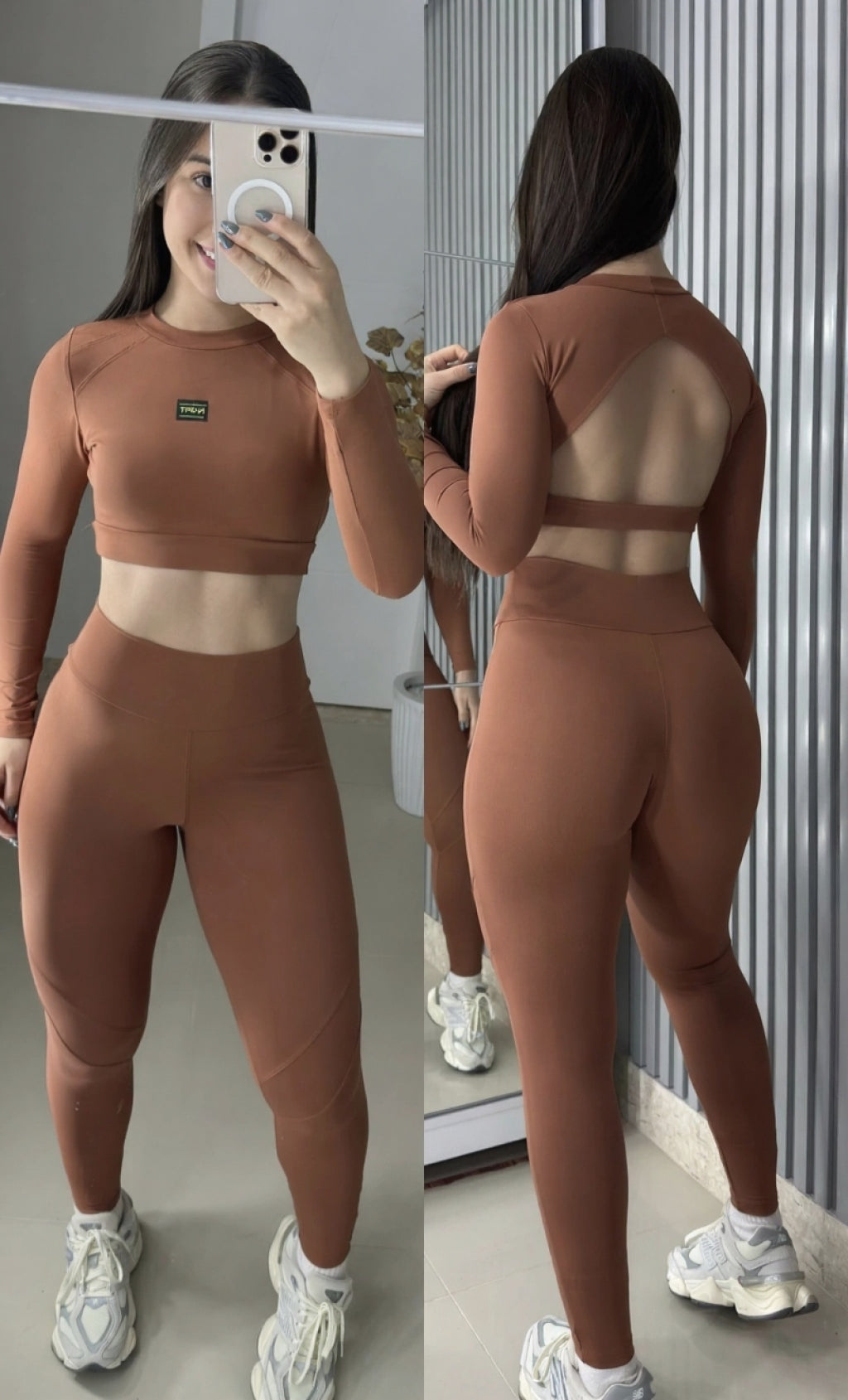 Conjunto Vitality de manga longa com legging no poliamida premium costas nuas