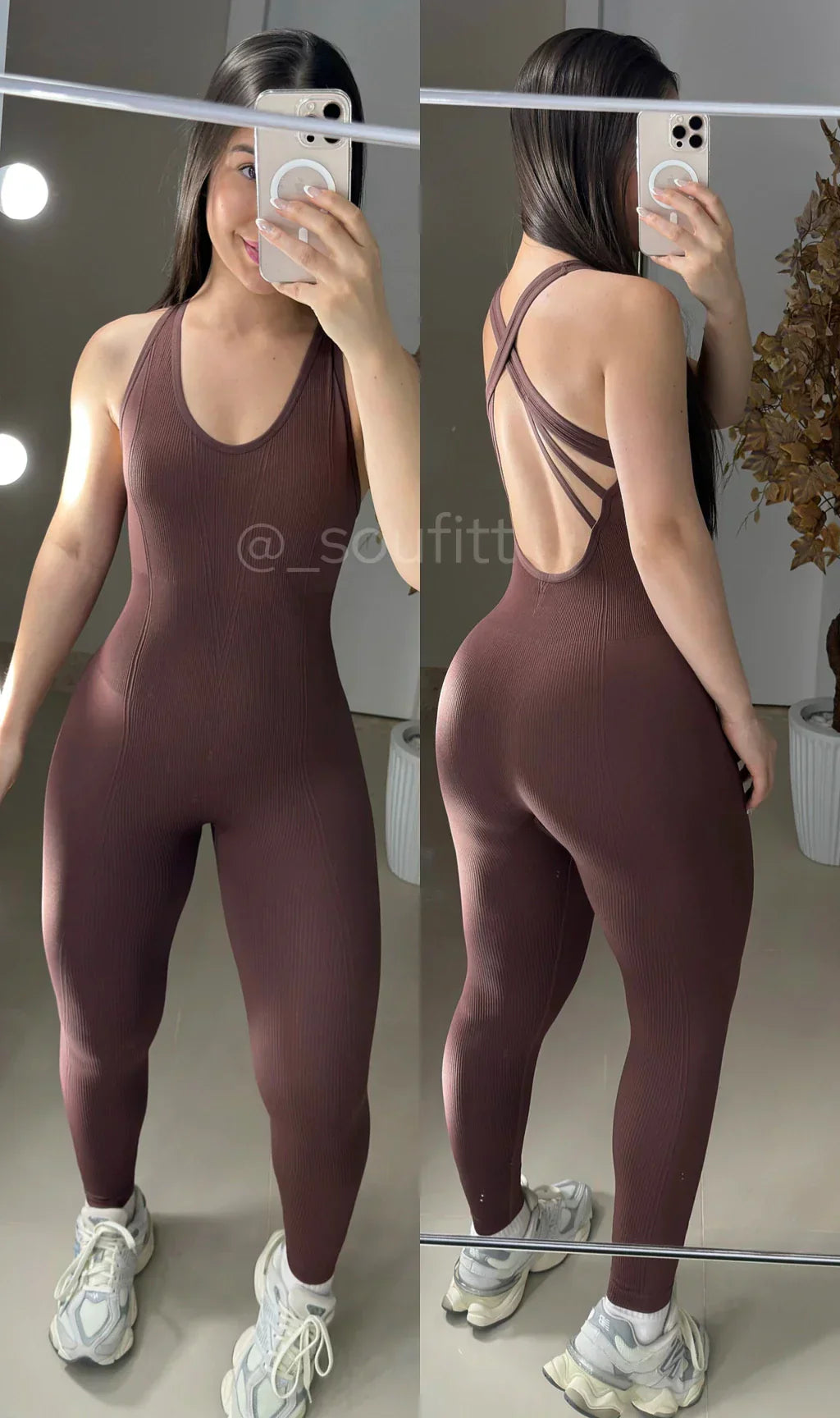 Macacão todo texturizado sem costura marrom